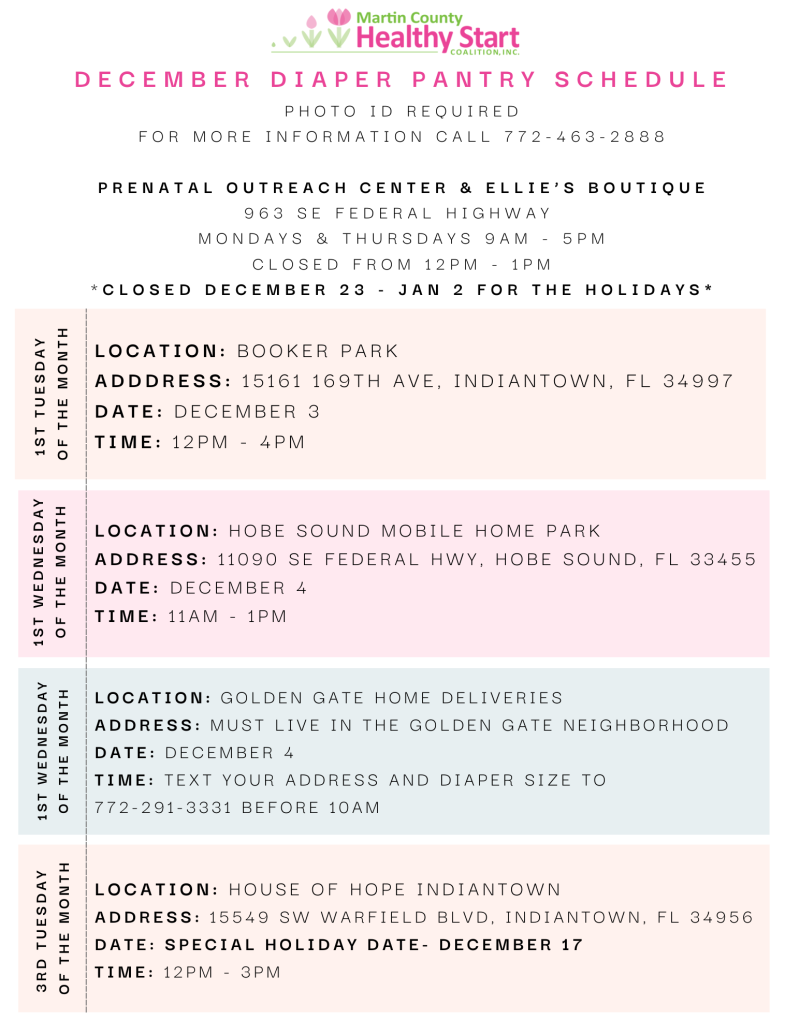 December Diaper Pantry Schedule