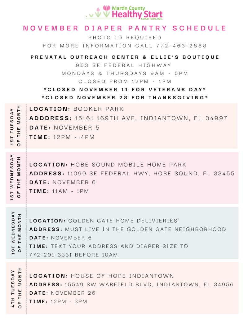 November Diaper Pantry Schedule